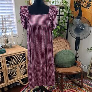 Zara Pink & Navy Gingham Check Ruffle Babydoll Preppy Prairie Chic Midi Dress